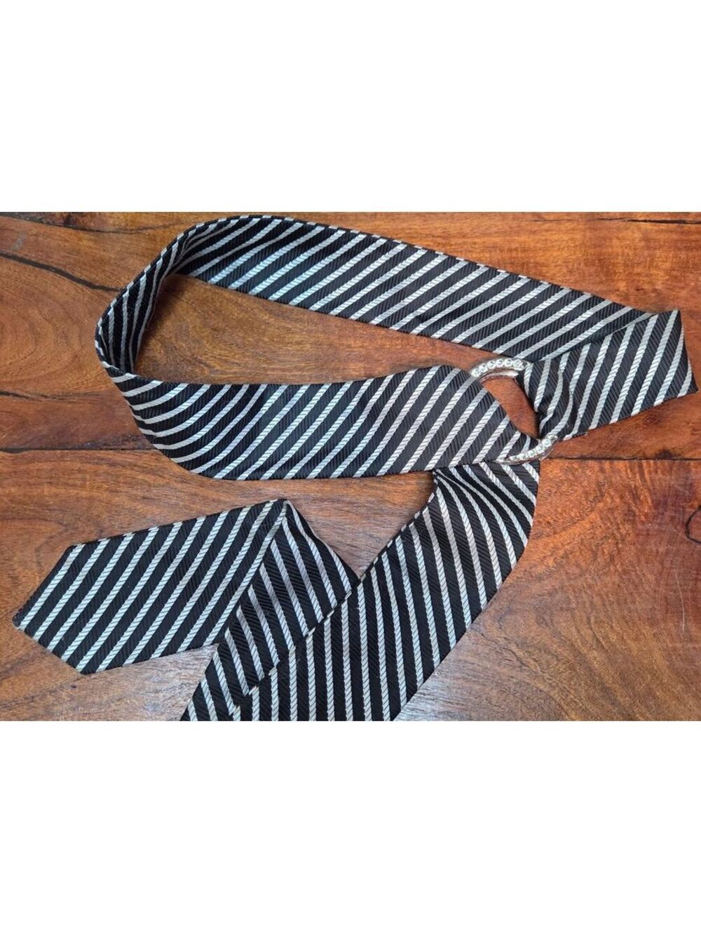 Vintage Y2K Black Silver Striped Tie Belt with Rhinestone Buckle